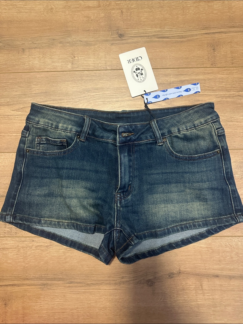 Cider Dark Blue Denim Low-Rise Jean Shorts
